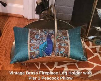 Vintage Brass Fireplace Log Holder with Pier Peacock Pillow
