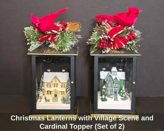 Christmas Lanterns with Village Scene and Cardinal Topper Set of 