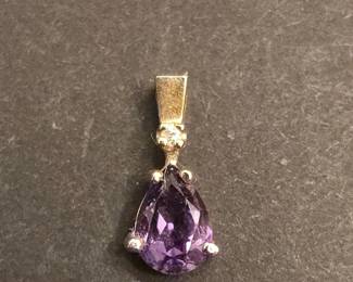 14K Gold PearCut Amethyst and Diamond Pendant