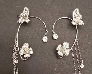 Butterfly and Flower Ear Climber Earrings with Rhinestones and Tassel Chains