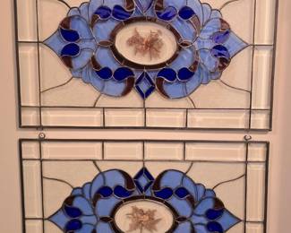 Vintage Stained Glass Window Panels with Dried Flowers Set of   Blue Floral Motif