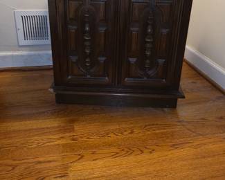 Vintage Drexel Heritage Marcay Collection Rustic Country French Dark Wood Side Cabinet with Carved Doors