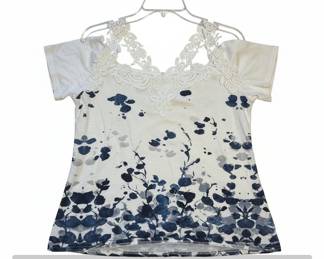 Noracora Womens White Blue Floral Lace Cold Shoulder Top