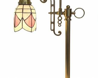 Brass Bankers Lamp with Stained Glass Shade