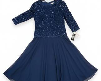 Alex Evenings Navy Sequined Lace Bodice Chiffon Skirt Gown