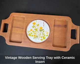 Vintage Wooden Serving Tray with Ceramic Insert