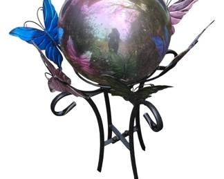 Iridescent Glass Gazing Ball with Metal Butterfly Stand