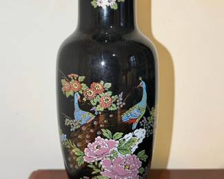 Vintage Interpur Black Porcelain Vase with Peacock and Floral Motif