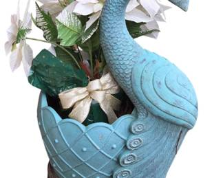 Decorative Peacock Planter with Faux Poinsettias