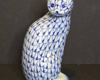 Andrea by Sadek Blue and White Fishnet Cat Figurine