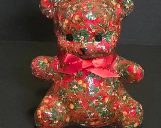 Vintage Teddy Bear Figurine with Holly and Berry Pattern