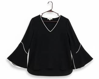 Calvin Klein Womens Black Bell Sleeve Top with White Trim
