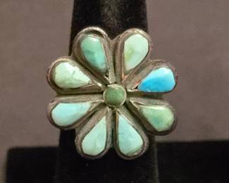 Vintage Zuni Turquoise Inlay Flower Ring