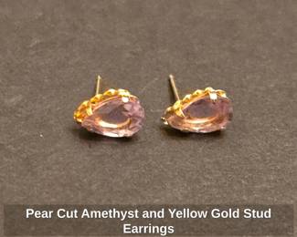 Pear Cut Amethyst and Yellow Gold Stud Earrings