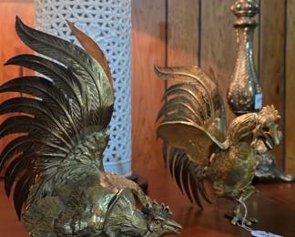 Brass fighting rooster figurines