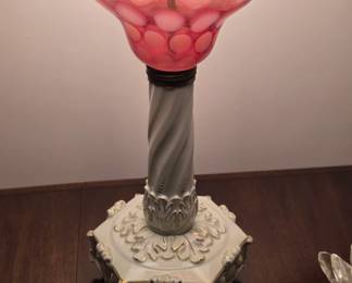 Cranberry Opalescent Lamp on white milk glass base 