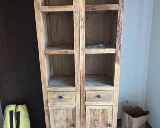 Rustic Reclaimed Wood Display Cabinet with Glass Doors and Drawers