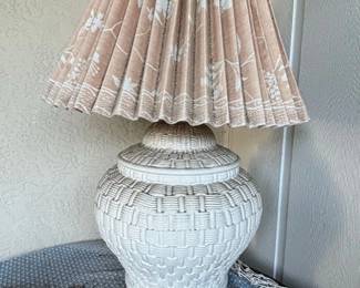 White WickerStyle Ceramic Ginger Jar Lamp with Floral Pleated Shade