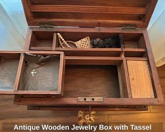 Antique Wooden Jewelry Box with Tassel third image