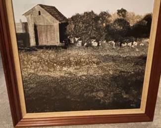 Framed Abstract Collage and Framed Barn Landscape Painting second image