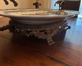 Antique Blue Willow Pattern Transferware Platter with Ornate Metal Stand second image