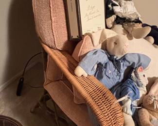 Vintage Wicker and Upholstered Armchair with Assorted Stuffed Animals and Barbie Doll