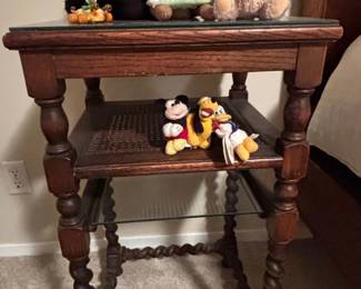 Antique Oak Barley Twist TwoTier Side Table with Glass and Cane Inserts