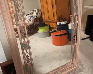 Art Deco Style Decorative Mirror with Floral and Geometric Inlay