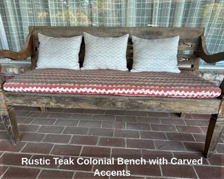 Rustic Teak Colonial Bench with Carved Accents