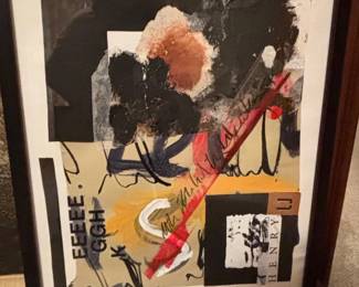 Framed Abstract Collage and Framed Barn Landscape Painting