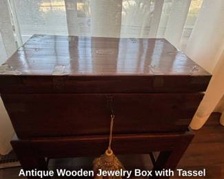 Antique Wooden Jewelry Box with Tassel