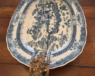Antique Blue Willow Pattern Transferware Platter with Ornate Metal Stand