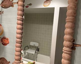 Nautical Themed Bobbin Spindle Wood Frame Mirror with Fish Embellishments