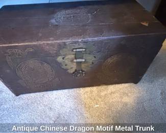 Antique Chinese Dragon Motif Metal Trunk