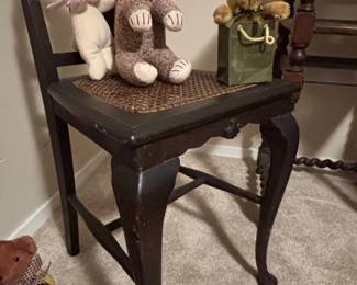 Vintage Wooden Stool with Wicker Seat and Three Stuffed Animals