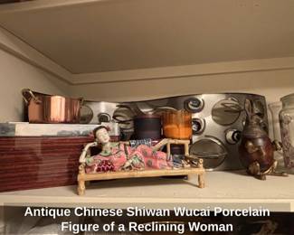 Antique Chinese Shiwan Wucai Porcelain Figure of a Reclining Woman