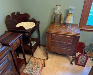 Vintage wash basin, sewing machine cabinet