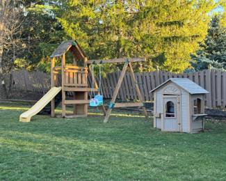 Swing set, playhouse