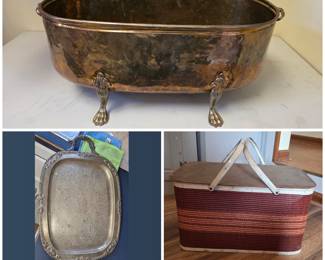 Copper tub, silver tray & vintage picnic basket