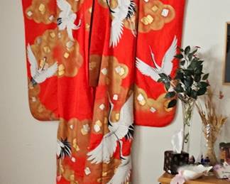 Red silk Kimono Crane design 
