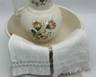 Antique White Ironstone Pitcher Bowl Set with 3 Vintage Towels