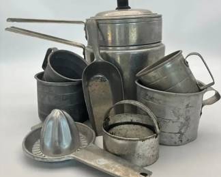 Vintage Aluminum, Kitchenware Set Double Boiler Measuring Cups, Scoop, Juicer, And More