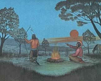 Johnny Tiger Jr 1974 Lithograph 2467 3000 Native American Campfire Scene Framed