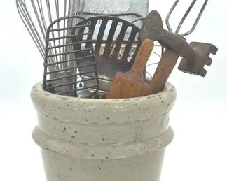 Spec Lead, Ceramic Crock With Vintage Kitchen, Utensils, And Greater Slicer