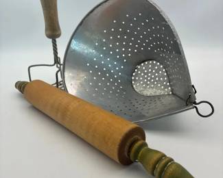 Vintage Teardrop, Aluminum, Colander, Wooden Rolling, Pen And Masher