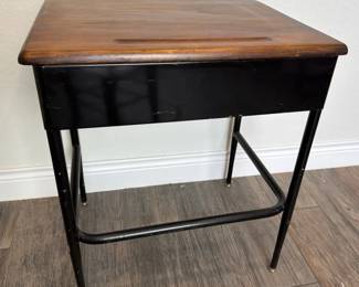 Vintage Wood Top Student Desk   Writing Table with Metal Base