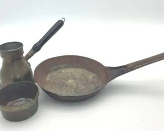 Vintage Mixed Metal Cookware Lot  Copper Coffee Pot Marked ISG , Cup  Tin Skillet