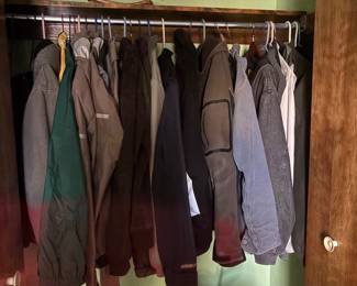 Many men's jackets inc. Carhart and Wrangler
