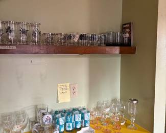 Glass sets inc. Starkist tuna, How Do You Like Your Drink, beer mugs, wine glasses and shot glasses