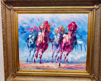 Horse Racing Painting with Gold Frame